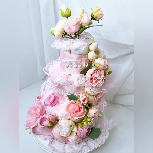 Pink Floral Diaper Cake, Peonies Diaper Cake